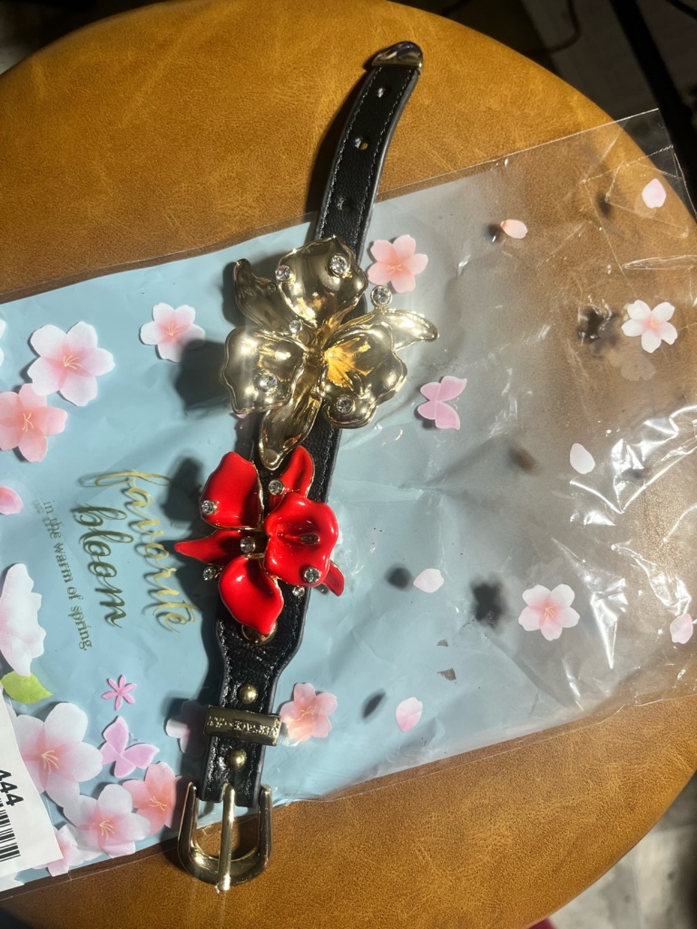 Versace for H&M Black Leather Bracelet with Red Floral Charm and Gold Hardware